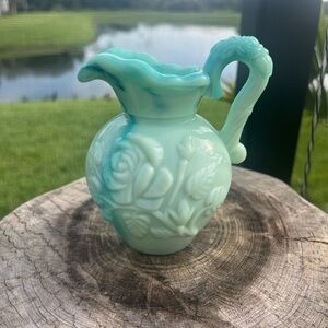 Vintage AVON Jadeite Milk Glass Rose Mini Pitcher 4" Jug Art Flower Antique